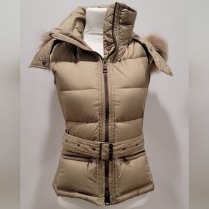 Burberry Women's Tan Puffer Vest with Real Fur Hood & Belt